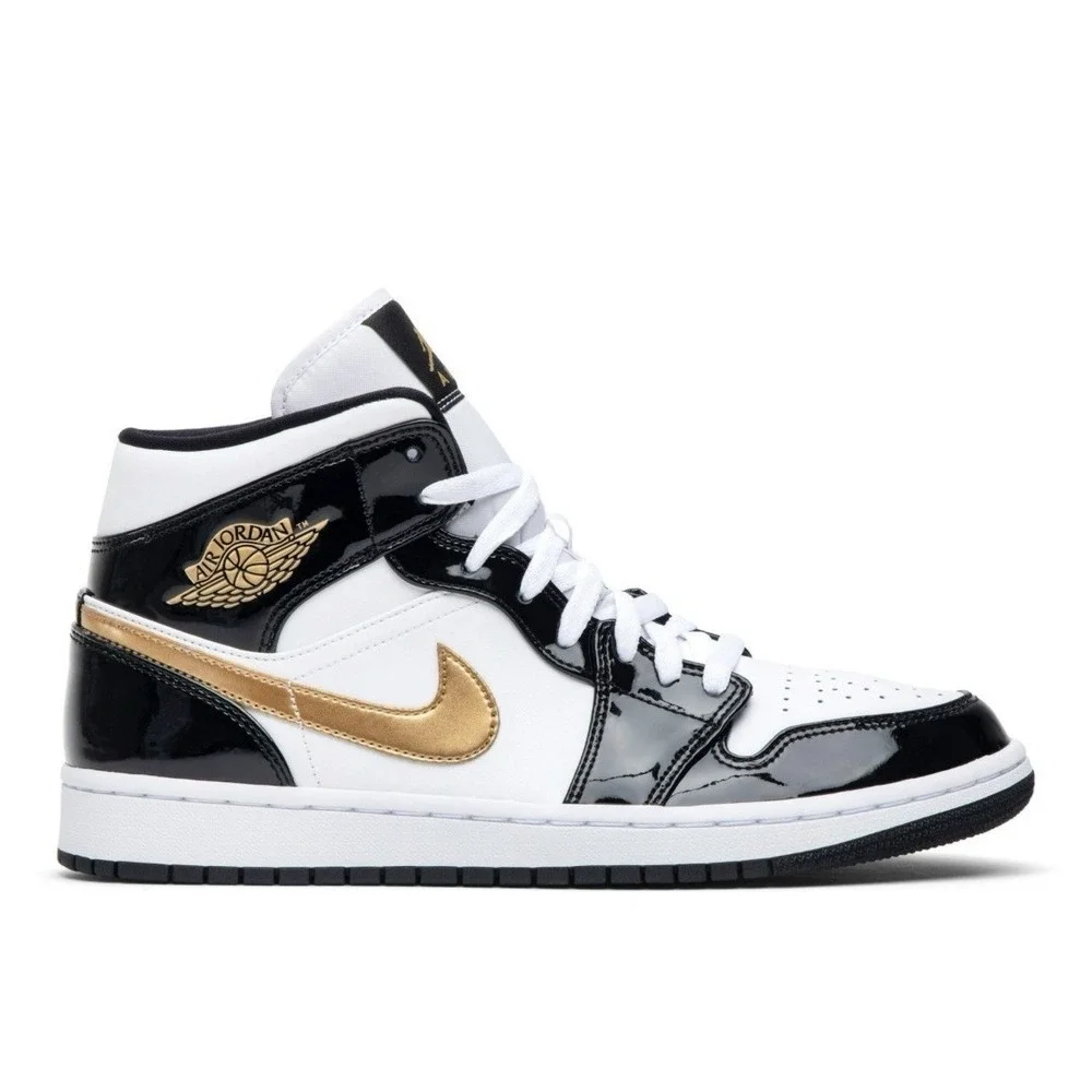 Nike Air Jordan 1 Sneakers Shoes Mid Patent Black White Gold 852542-007